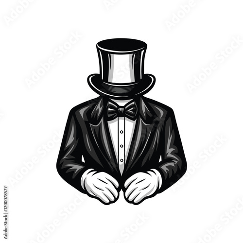 A highly detailed vector illustration of a magician in a classic black tuxedo, complete with a top hat and a wand, performing a magic trick with a dramatic flourish.