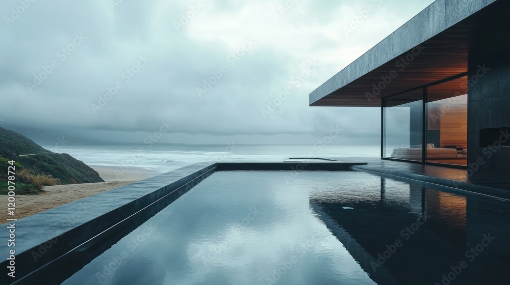 Fototapeta premium Modern house located near the beach with swimming pool reflecting the sky, background wallpaper AI generated image
