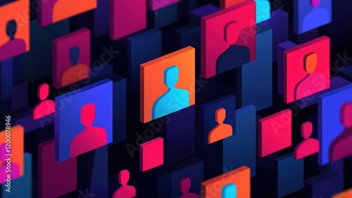 Digital Workforce and Management concept. Colorful digital representation of diverse human figures in abstract blocks, conveying connection and community.