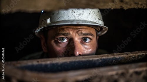 A closeup of a workers face peering into the dark abyss of a sewer capturing a look of concentration mixed with determination.