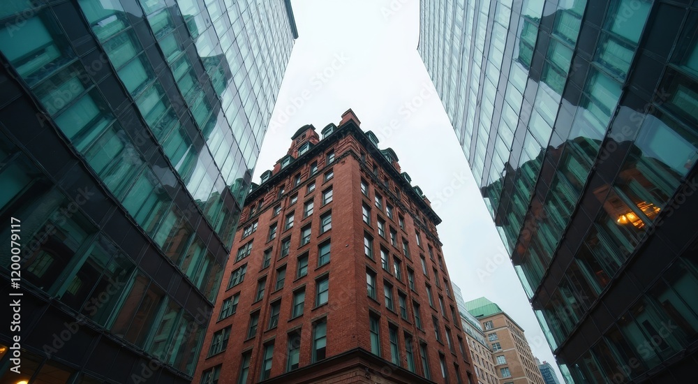 Fototapeta premium Architectural contrast of historic red brick building surrounded by modern glass skyscrapers in urban setting