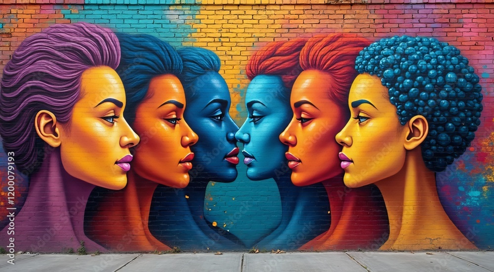 Fototapeta premium Colorful street art mural showcasing strong female figures with diverse hairstyles on brick wall, emphasizing unity