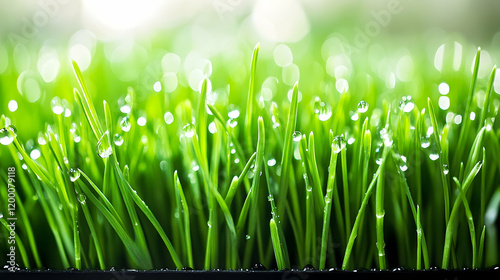 A close-up of droplets of water clinging to the delicate tips of fresh green grass, sparkling under soft sunlight, creating a fresh morning scene photo