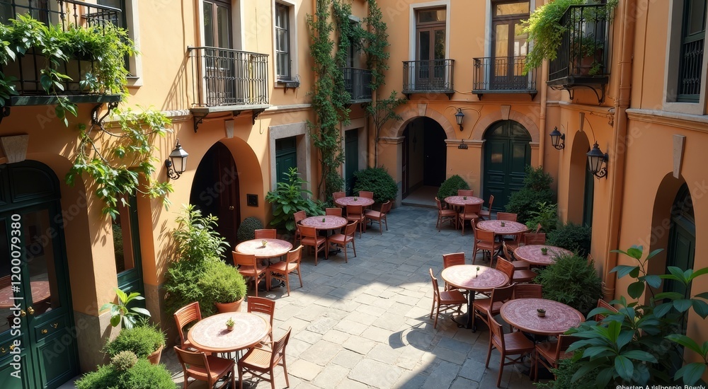 Fototapeta premium Quaint cafe courtyard with rustic tables and greenery in a vibrant urban setting