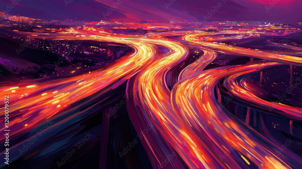 Vibrant Nighttime Highway Scene with Flowing Traffic and City Lights in the Background Vibrant Nighttime Highway Scene with Flowing Traffic and City Lights in the Background