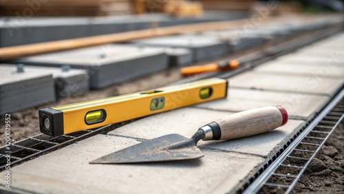 A closeup of hand tools lying on a construction site including a trowel and level showcasing the craftsmanship involved in building flood control structures. photo