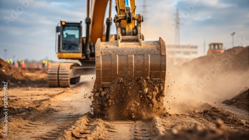 A closeup of heavy machinery like an excavator digging the foundation for spill containment walls dirt flying and clods breaking apart.