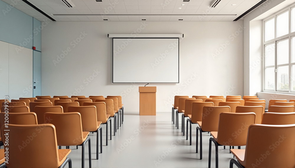 Spacious college lecture hall with rows of chairs and projector screen in bright setting Spacious college lecture hall with rows of chairs and projector screen in bright setting