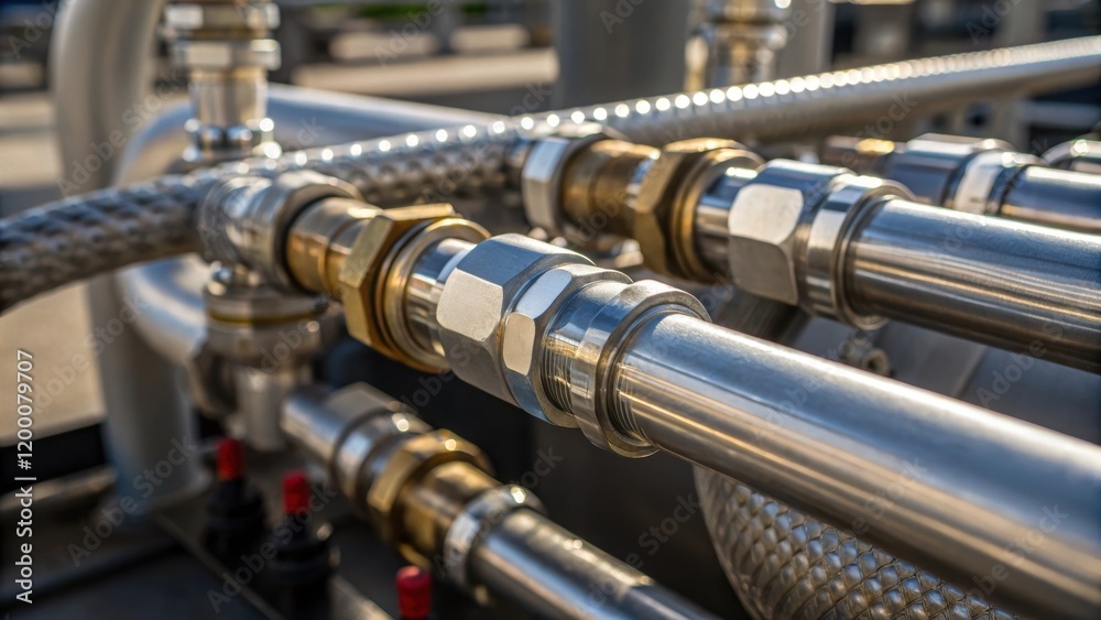 A closeup of intricate piping connections on a highpressure testing rig featuring metallic fittings and rubber seals with sunlight glinting off the polished surfaces. A closeup of intricate piping connections on a highpressure testing rig featuring metallic fittings and rubber seals with sunlight glinting off the polished surfaces.