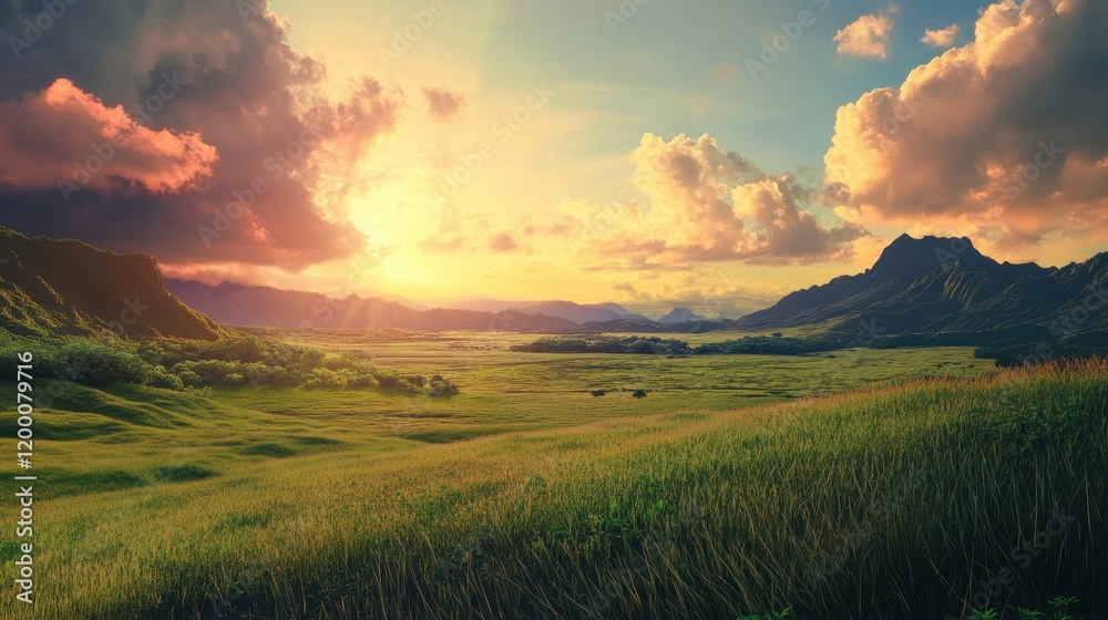 Fototapeta premium Serene sunset over rolling hills and mountains.