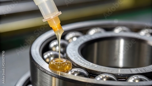 A closeup of lubricant being applied to a conveyor bearing with droplets glistening in the light emphasizing the importance of proper lubrication for longevity.