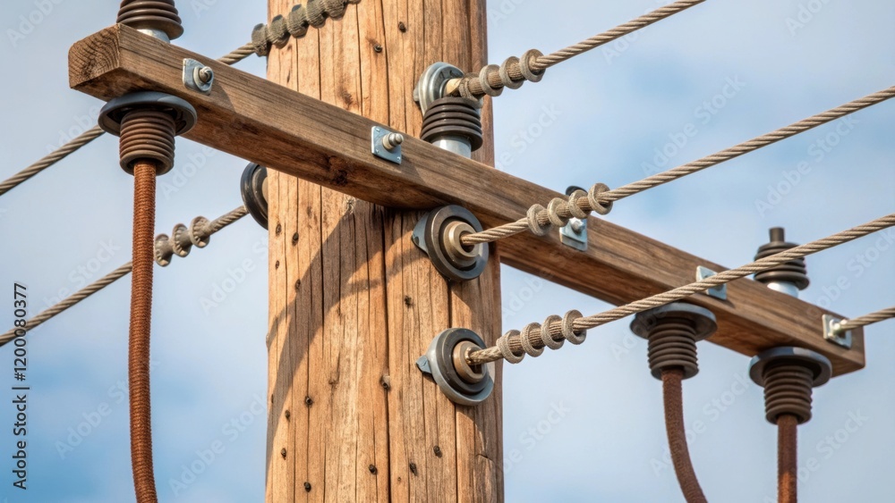 A closeup of the intricate connection points where wooden poles meet highvoltage wires featuring tight knots and protective fittings. A closeup of the intricate connection points where wooden poles meet highvoltage wires featuring tight knots and protective fittings.