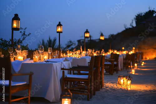 Romantic outdoor dinner setup under a starlit sky, featuring candlelit tables and soft ambiance photo