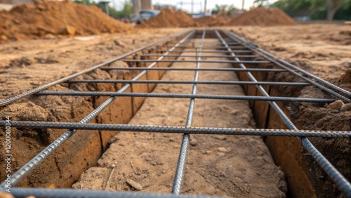 A closeup of the ground preparation stage featuring compacted soil and reinforcement bars being p precisely for the underground framework.
