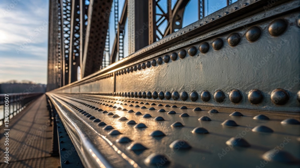 A closeup of the reflective surface of a large bridge girders capturing the interplay of light and shadow revealing design features engineered for strength. A closeup of the reflective surface of a large bridge girders capturing the interplay of light and shadow revealing design features engineered for strength.