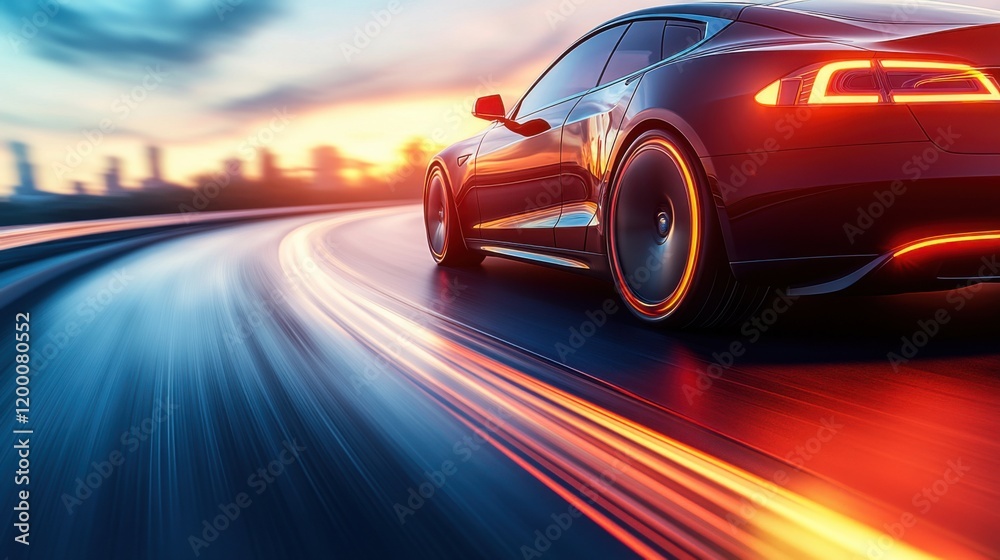 Futuristic electric car driving on illuminated highway at sunset Futuristic electric car driving on illuminated highway at sunset