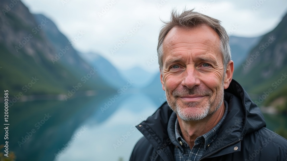 Cheerful middle-aged man with blue eyes showcasing the breathtaking fjords of Norway in a relaxed outdoor setting Cheerful middle-aged man with blue eyes showcasing the breathtaking fjords of Norway in a relaxed outdoor setting