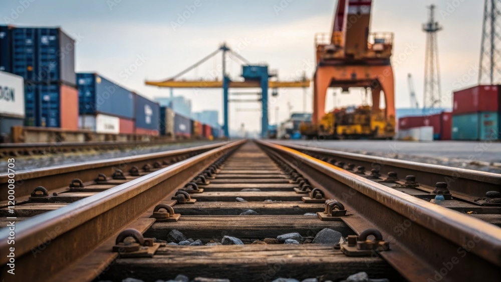A closeup of tracks leading into a loading dock with view of heavy industrial machinery in the background illustrating the connection between rail and industry. A closeup of tracks leading into a loading dock with view of heavy industrial machinery in the background illustrating the connection between rail and industry.