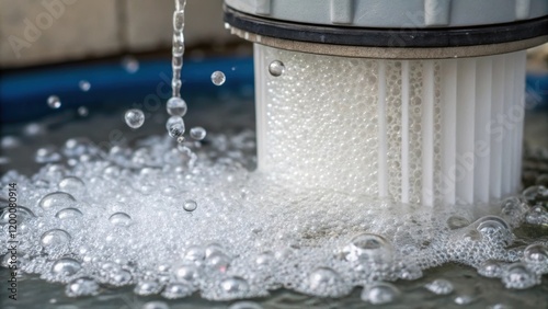 A closeup shot of a filtration system in action focusing on granular media being agitated as water bubbles through creating a dynamic texture.