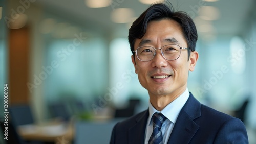 Confident middle-aged South Korean man in formal attire smiling in modern office setting with copyspace