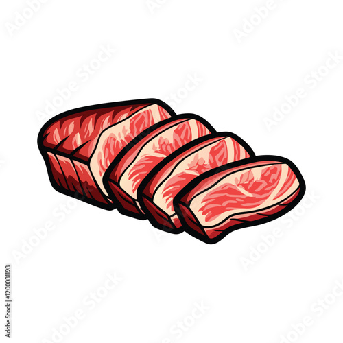 A photorealistic vector illustration of a flank steak sliced into thin strips, showcasing the marbling and texture of the meat.