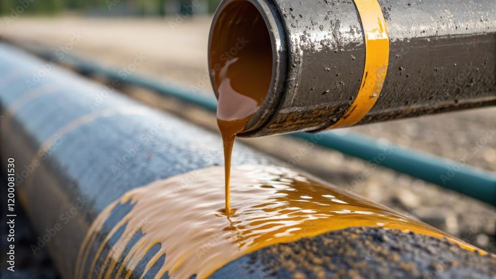Fototapeta premium A closeup view of the anticorrosion coating being poured from a container highlighting the glossy liquid as it begins to cover the rough surface of the pipeline.