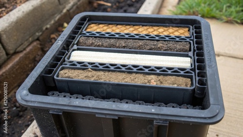 A closeup view of sediment filtration media being p into a stormwater management device showcasing the layers that help purify water before entering drainage systems.
