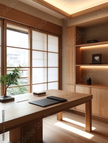 Minimalist Wooden Office With Shoji Screen Window