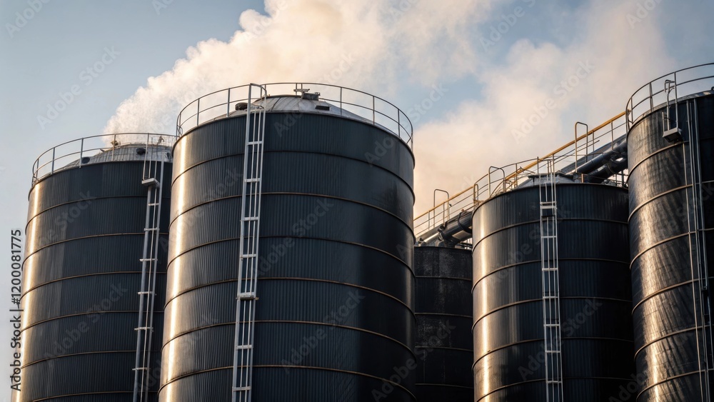 A detailed shot of the asphalt storage silos showcasing the thick black exterior while steam escapes from vents indicating the hot material inside. A detailed shot of the asphalt storage silos showcasing the thick black exterior while steam escapes from vents indicating the hot material inside.