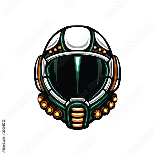 Render a futuristic sci-fi helmet with sleek, angular lines and glowing LED lights. Focus on the helmet's intricate details, showcasing its advanced technology.