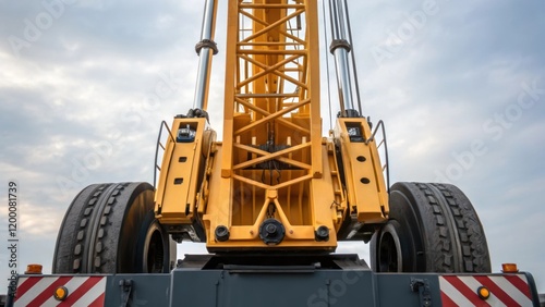 A detailed focus on the counterweights of the mobile crane highlighting their design and placement as it prepares to lift the tower cranes vertical sections.
