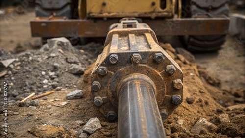 A detailed closeup of the impact tool at the end of the pile driver revealing its rugged surface and reinforced metal edges with dirt and debris tered around. photo