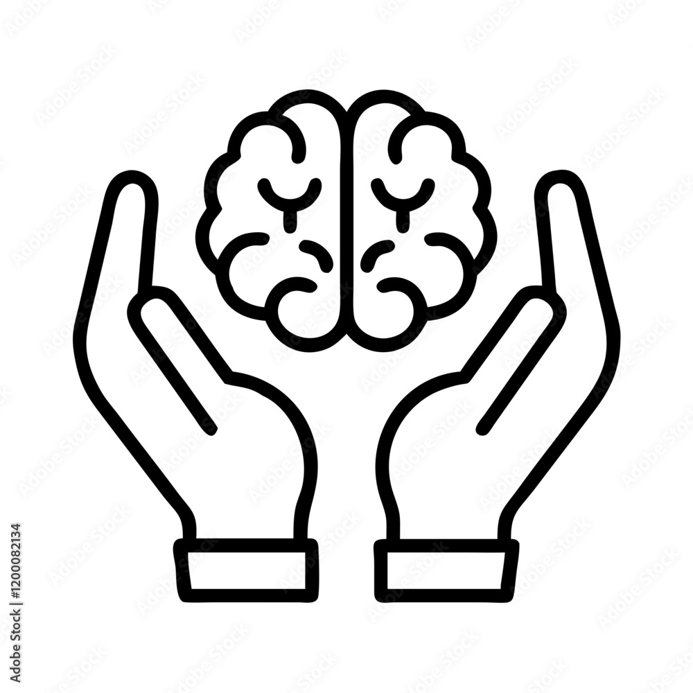 brain in hands icon, brain in hands line art - simple line art of brain in hands, perfect for brain in hands logos and icons and themed design 