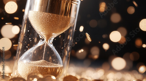 A golden hourglass filled with shimmering sand surrounded by glimmering coins on a sparkling twilight background at dusk photo