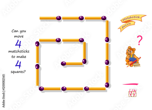 Logic puzzle game with matches for children and adults. Can you move 4 matchsticks to make 4 squares? Printable page for brain teaser book. IQ training test. Developing spatial thinking skills.
