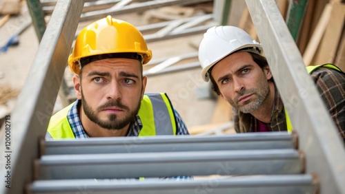 A medium closeup highlights the expressions of concentration on the faces of two workers as they hold a section of the staircase steady for alignment. photo