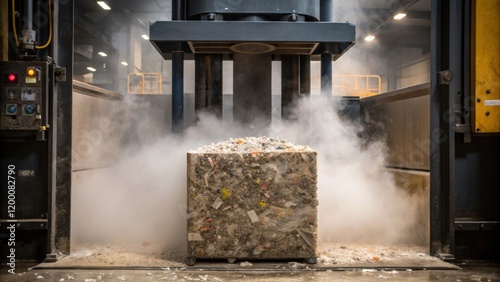A medium closeup focusing on a large industrial compactor pressing a heap of waste materials into a dense cube dust particles swirling in the air around it.