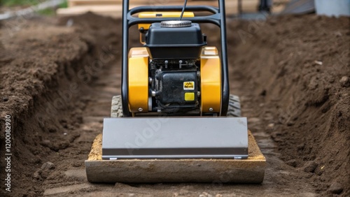 A medium closeup of a compact y plate compactor its vibrating base pressed against the newly backfilled soil ensuring stability after utility installation.