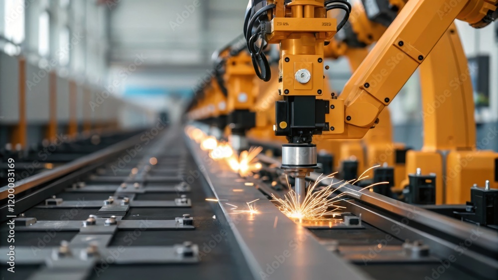 A medium closeup of a conveyor belt moving parts past a row of robotic arms with one arm visibly engaged in a precise welding action emitting sparks. A medium closeup of a conveyor belt moving parts past a row of robotic arms with one arm visibly engaged in a precise welding action emitting sparks.