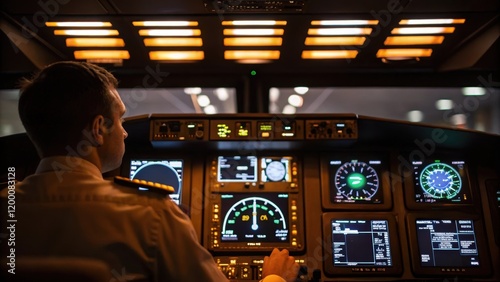 A medium closeup of a control panel displaying a series of glowing gauges and monitors with a focused operator adjusting s partially illuminated by overhead lights. photo