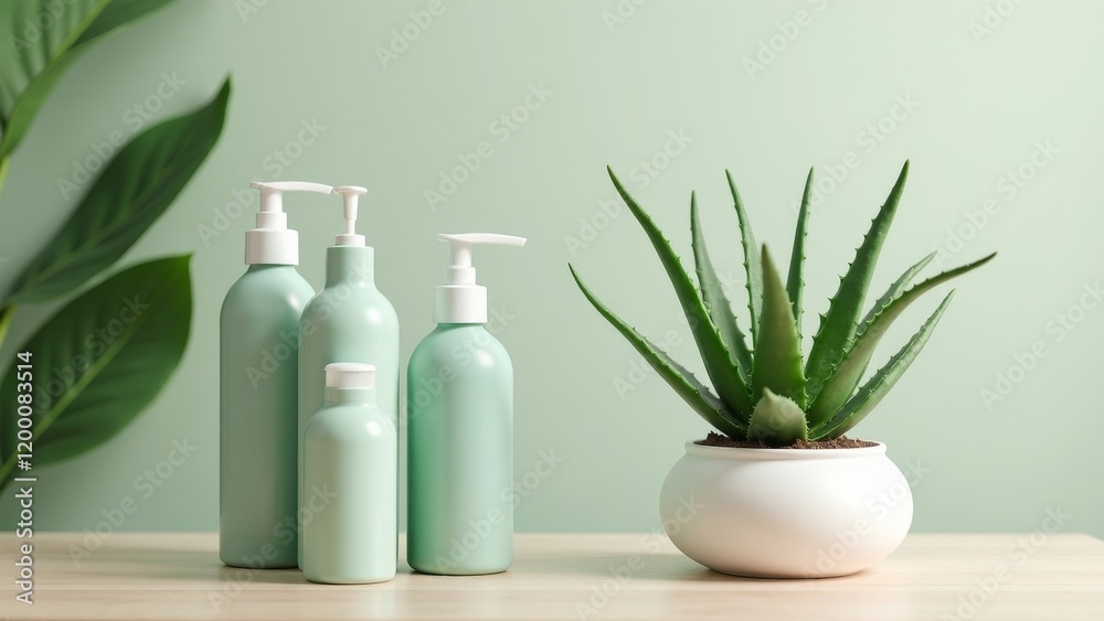 Stylish matte green bottles with aloe vera plant in a minimalistic skincare display Stylish matte green bottles with aloe vera plant in a minimalistic skincare display