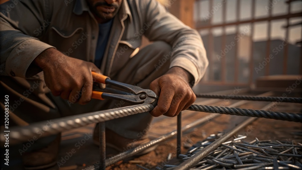 A medium closeup of a handson approach demonstrating a worker using pliers to rebar with shards of steel tering nearby. A medium closeup of a handson approach demonstrating a worker using pliers to rebar with shards of steel tering nearby.