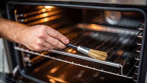 A medium closeup of a mechanics hands carefully cleaning the heating elements within the oven using a brush to remove accumulated grease illustrating the intricacies of photo