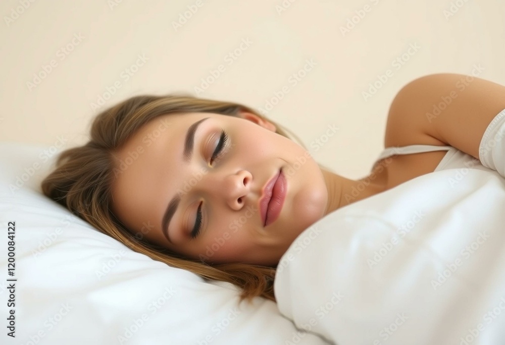 A serene sleeping female figure on a bed with a plain wall