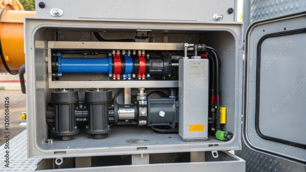 A medium closeup of a module with an open access panel revealing internal components like pumps and filters used for separating and processing different types of waste. A medium closeup of a module with an open access panel revealing internal components like pumps and filters used for separating and processing different types of waste.