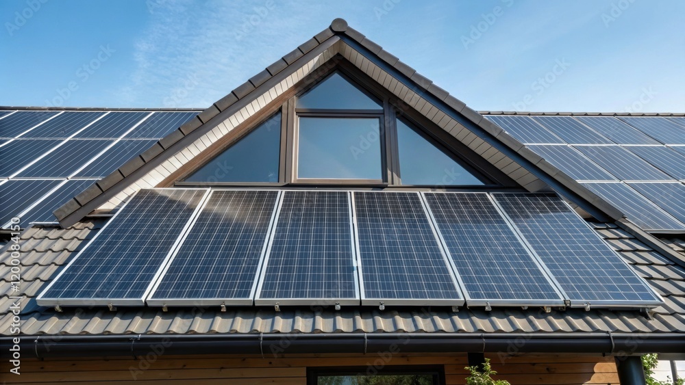 A medium closeup of an array of solar panels angled toward the sun framed by the edges of a roof accentuating the architectural integration of technology. A medium closeup of an array of solar panels angled toward the sun framed by the edges of a roof accentuating the architectural integration of technology.