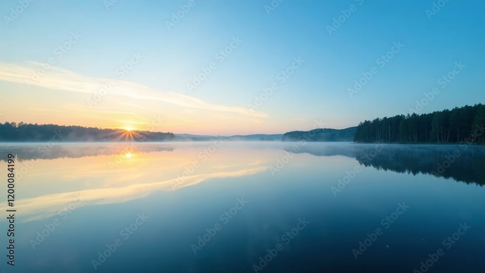 Fototapeta premium Stunning sunrise reflection on a tranquil lake with blue sky and distant trees