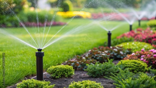A medium closeup of a lush garden with several newly installed sprinklers poised to water different plant beds highlighting their strategic placements.