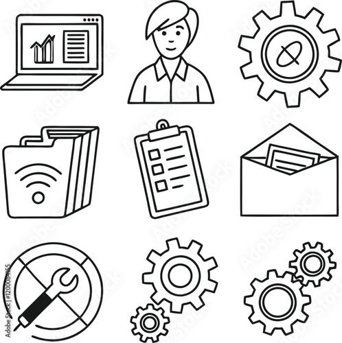 A collection of nine simple, black line icons representing various business and technology concepts.