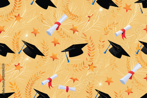 A seamless background pattern featuring a repeating design of graduation caps and scrolls, perfect for educational or celebratory themes.